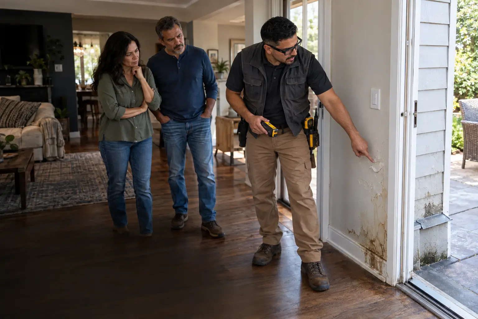Restoration contractor wearing smart glasses and discussing visible water damage with homeowners during a walkthrough
